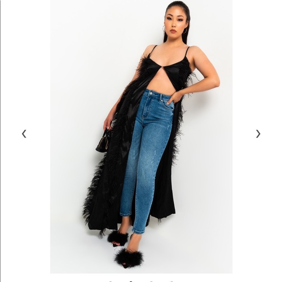 Black Fab Luxe Satin Ostrich Feather Open Front Duster Top - Picture 3 of 7